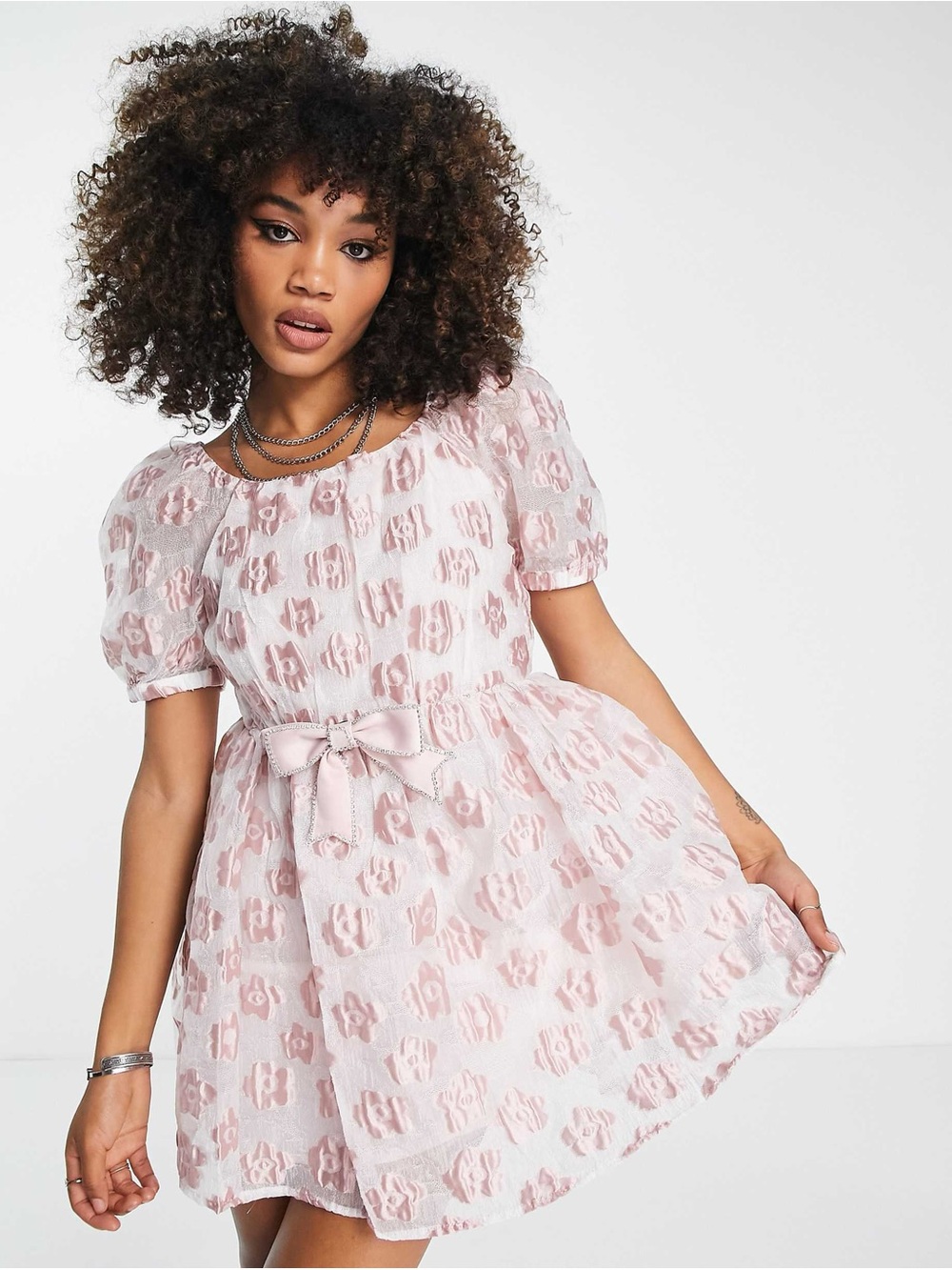 Sister Jane mini babydoll dress in pink floral jacquard with bow Pink XS